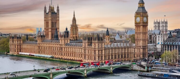 A cityscape showing the houses of parliament and Big Ben.